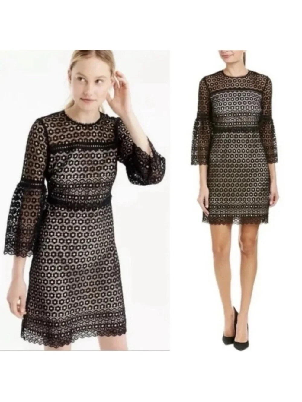 J Crew Bell Sleeve Daisy Dress Black Overlay Nude Lining Size 12
